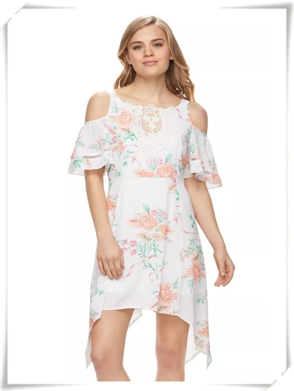 Disney Beauty and the Beast Cream Floral Handkerchief Hem Knee Length Dress